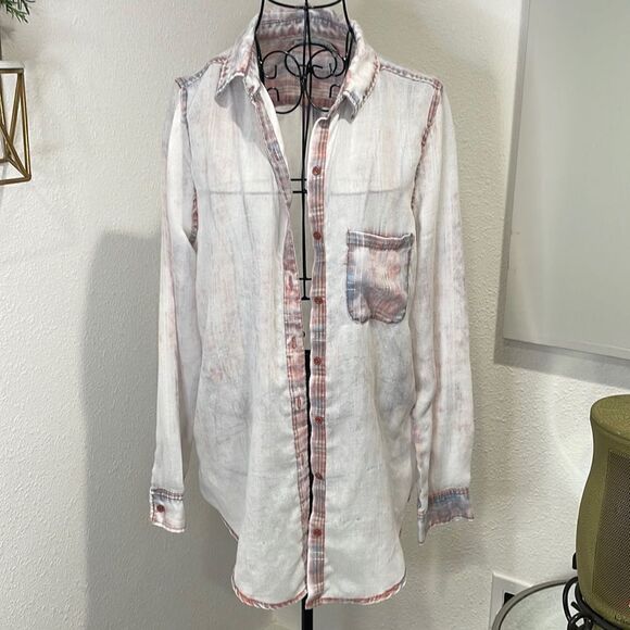 Paper + Crane Small Twist-Front Button-Down Plaid Shirt size S - Picture 2 of 8